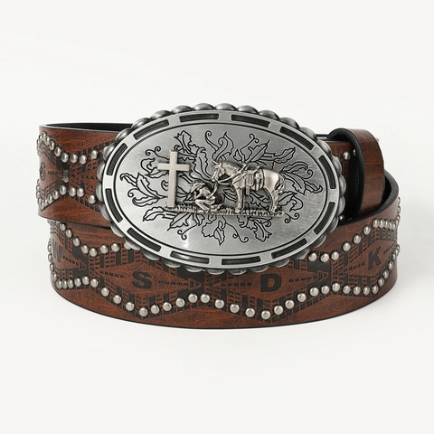 Western Cowboy Belt PU Leather With Oval Embossed Alloy Buckle Vintage Retro Studded Waist Strap For Men Women