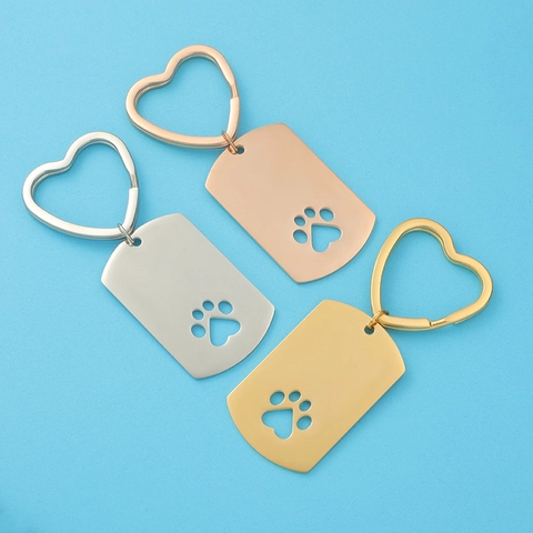 Stainless Steel Hollow Dog Paw Keychain Heart Dog Tag Pendant DIY Engravable Key Ring Fashion Accessories Gift