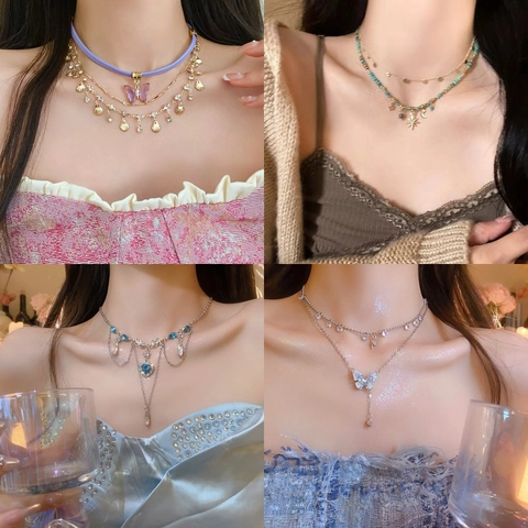 Butterfly Layered Necklace For Women Crystal Heart Star Pendant Choker Alloy Clavicle Chain Vintage Trendy Jewelry