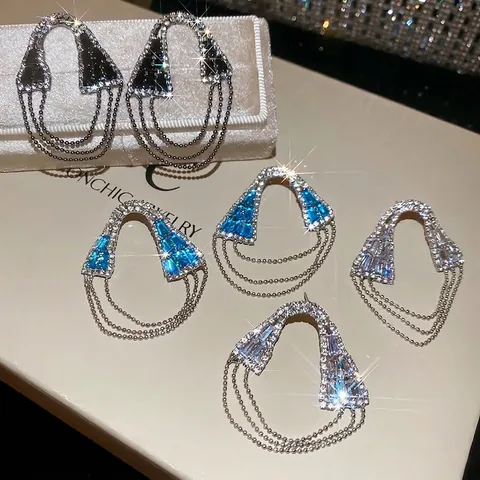 Orecchini Pendenti Nappa Geometrici Lusso Zircone Rame Gioielli Con Perno In Argento Sterling 925 Per Donna