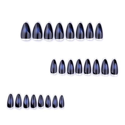 Uñas Postizas Dark Blue Cat Eye Press On Nails Forma De Almendra Francesa Con Borde Metálico Plateado Brillantes Cortas Manicura