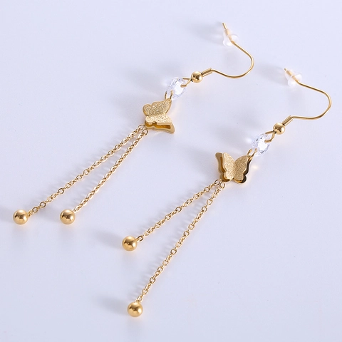 Pendientes Largos De Borla Con Mariposa Acero Inoxidable 316L Textura Esmerilada Con Perla De Cristal Sintético Joyería Mujer