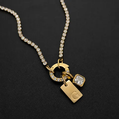 Moderne Roestvrijstalen Letter Hanger Halsketting Voor Dames 14K Verguld Strass Tennis Ketting DIY Sieraden Cadeau