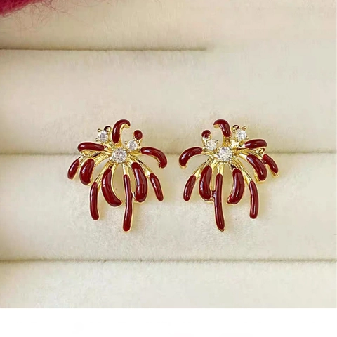 Fireworks Flower Stud Earrings Red Enamel Zircon 18K Gold Plated Alloy With Silver Earring Post Elegant For Women