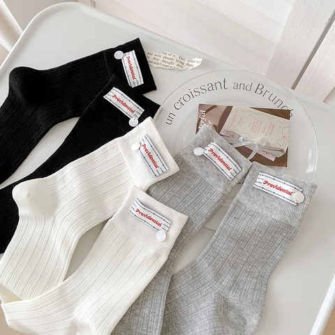 Ribbed Cotton Women Crew Socks Decorative Label Button Solid Color Soft Breathable Casual Fashion