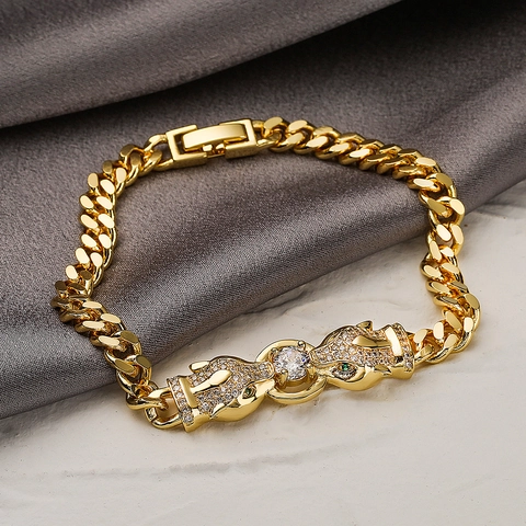 Leopard Head Cuban Link Bracelet Copper Gold Plated With Colorful Cubic Zirconia Hip Hop Punk Fashion Jewelry For Women
