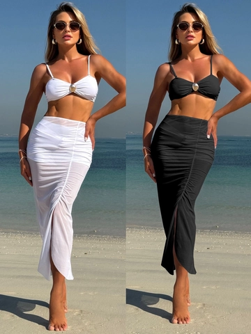 Women Solid Color Bandeau Bikini Top And High Waist Bottom With Mesh Side Slit Maxi Skirt Beach Swimwear Vacation