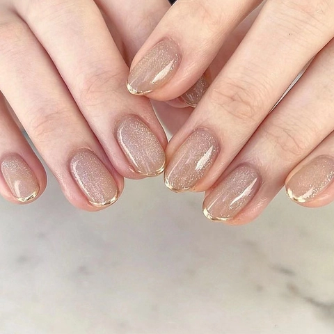 French Gold Tip Press On Nails Shimmer Glitter Nude Pink Oval Round Elegant Artificial False Nails For Women