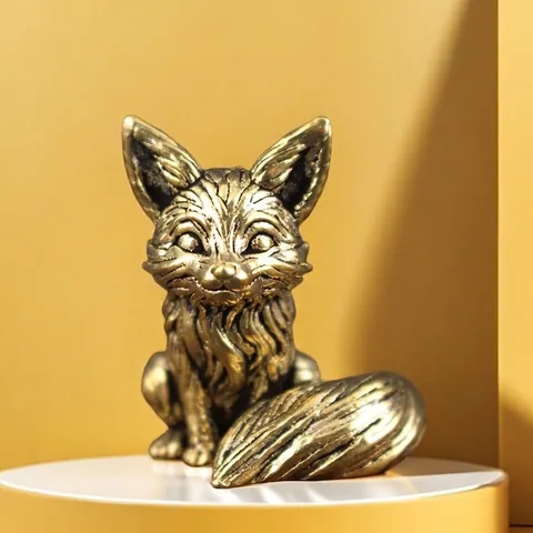 Fuchs Figur Sitzend Metall Messing Legierung Miniatur Skulptur Schreibtisch Ornament Vintage Tier Statue Heim Deko Akzent