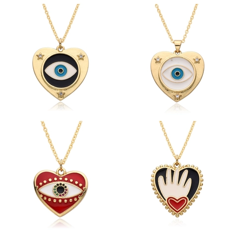 Bohemian Copper Evil Eye Heart Pendant Necklace Gold Plated Enamel Hamsa Hand Rhinestone Star Necklace Jewelry For Women