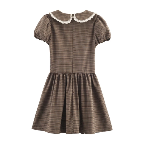 Damen Kariertes Minikleid Retro Peter Pan Kragen Spitze Puffärmel Schleife Eleganter Pastoraler Stil Polyester Reißverschluss