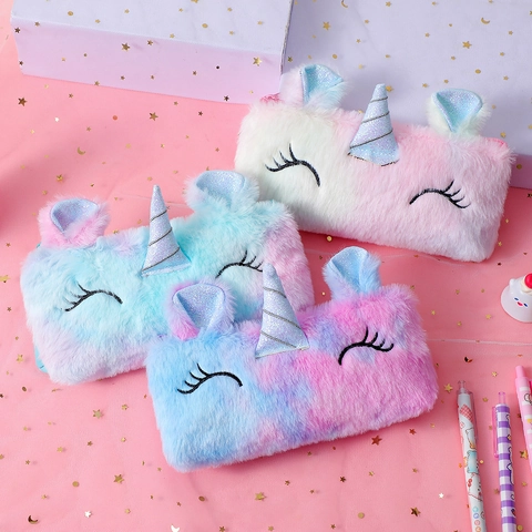 Unicorn Plush Pencil Case Gradient Tie-Dye Stationery Storage Bag With Sequin Horn For Girls Kids School
