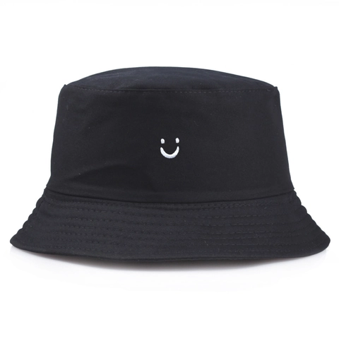Cotton Smiley Face Embroidery Bucket Hat Sun Protection Casual Fisherman Cap For Women Men