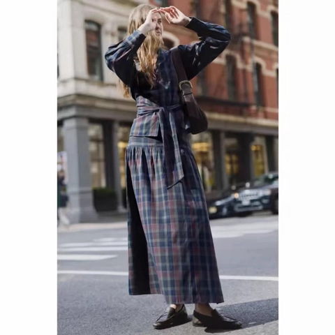 Karo Oberteil Und Maxirock Damen Langarm Casual Retro Streetwear Mode Polyester Trendy Herbst Winter Outfit Elegant