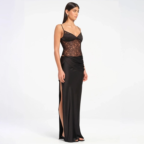 Sexy Maxi-Jurk Van Kant En Satijn Met Spaghettibandjes V-Hals Geplooide Bodycon Partyjurk Voor Dames