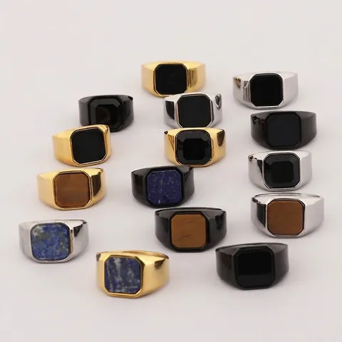 Durable Signet Ring Men Stainless Steel Square Stone Lapis Lazuli Tiger Eye Agate Retro Punk Street Jewelry