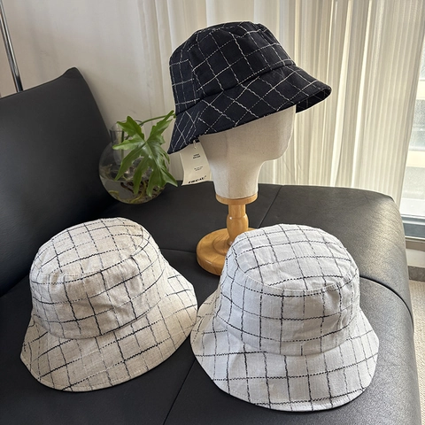 Geblokte Vissershoed Linnenmix Opvouwbaar Brede Rand Zonbescherming Zomer Outdoor Casual Mannen Vrouwen Vintage