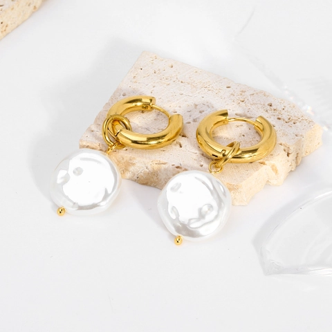 Baroque Imitation Artificial Pearl Drop Hoop Earrings 18K Gold Plated Stainless Steel Hypoallergenic Waterproof Elegant Jewelry For Women