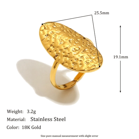 Hammered Oval Face Ring Stainless Steel 18K Gold Plated Adjustable Open Finger Jewelry French Vintage Niche Style Women