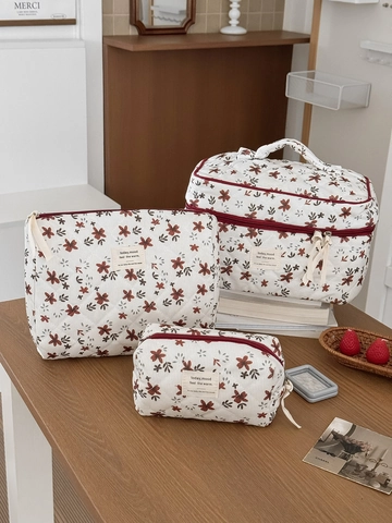 Trousse De Toilette Matelassée En Velours Côtelé À Fleurs Organisateur De Maquillage De Voyage Grande Capacité Pour Femmes