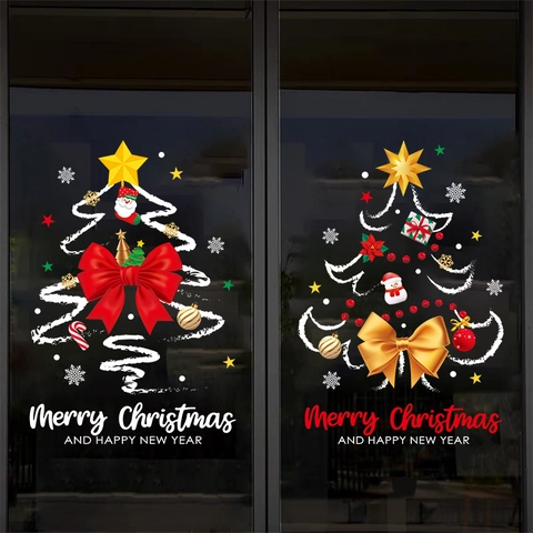 Christmas Window Stickers Static Cling PVC Reusable No Glue Double Sided Glass Decals Xmas Tree Santa Snowman Home Decor