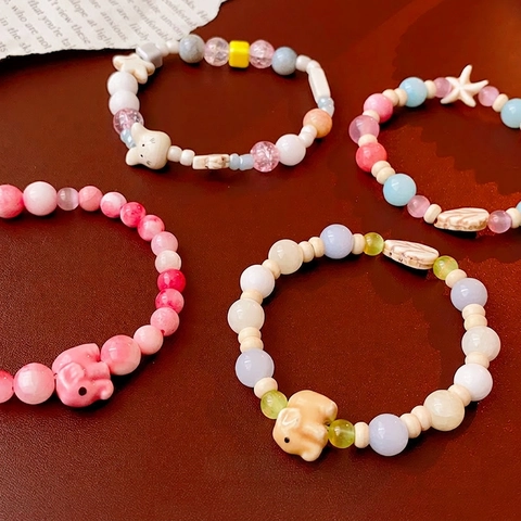 Handgefertigtes Keramik Perlenarmband Makrone Buntes Tier Elefant Hase Stern Anhänger Süßer Modeschmuck Für Frauen