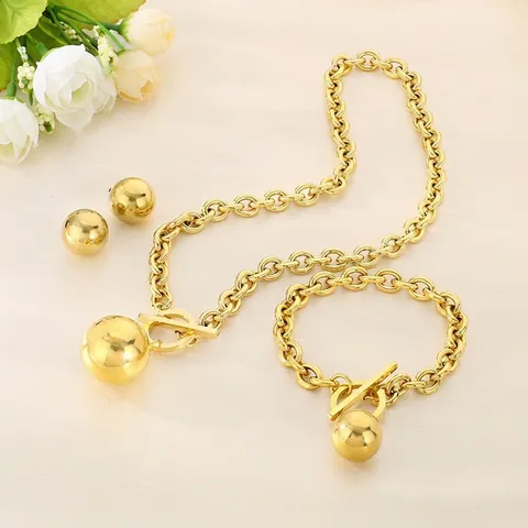 Stainless Steel Necklace Bracelet Earrings Large Hollow Ball Pendant Thick Cable Link Chain Toggle Clasp Punk Jewelry