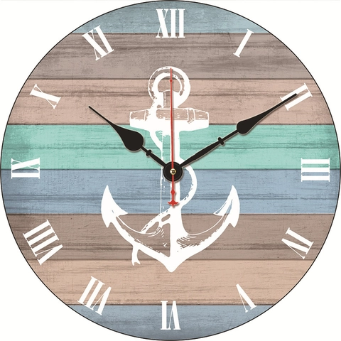 Vintage Nautical Wood Wall Clock Silent Round Beach Sea Theme Decorative Timepiece For Living Room Home Office Decor