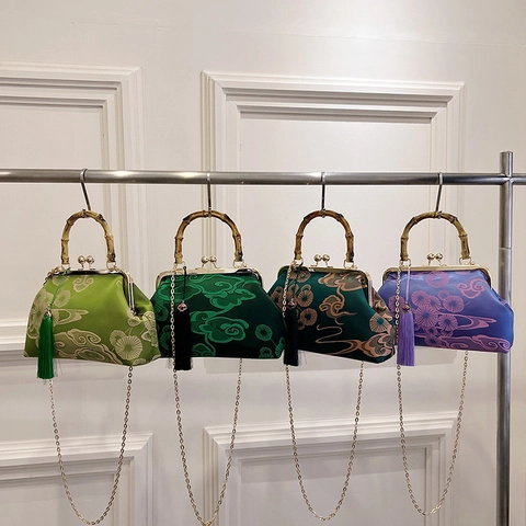 New Chinese Style Satin Embroidery Lucky Cloud Floral Pattern Handbag Bamboo Handle Lock Tassel Chain Shoulder Crossbody Bag