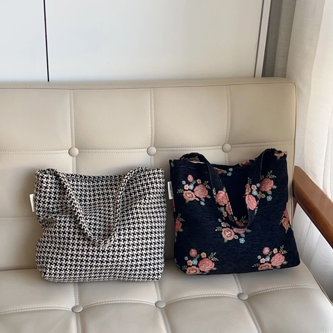 Damen Schultertasche Mit Blumenmuster Jacquard Leinwand Hobo Bag Retro Hahnentrittmuster Große Kapazität Lässige Alltagstasche