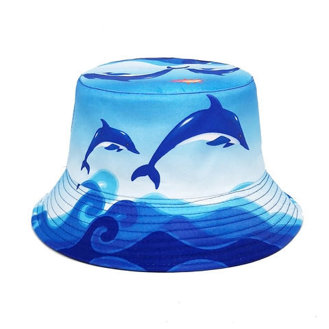 Bucket Hat Dolfijn Golf Print Omkeerbaar Polyester Zonbescherming Buiten Strand Zomer Reizen Retro Vissershoed