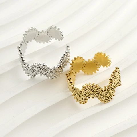 Anillo Abierto Ajustable Patrón Engranaje Acero Inoxidable Chapado Oro Diseño Geométrico Texturizado Joyería Para Mujer