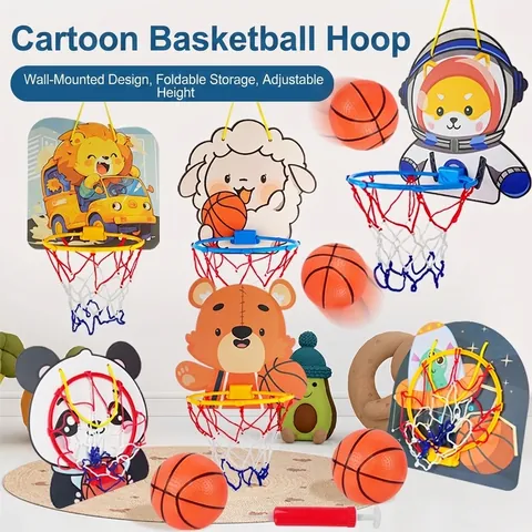 Kinder Basketballkorb Höhenverstellbar Indoor Cartoon Tier Muster Kunststoff Spielzeug Mit Mini Ball Und Pumpe