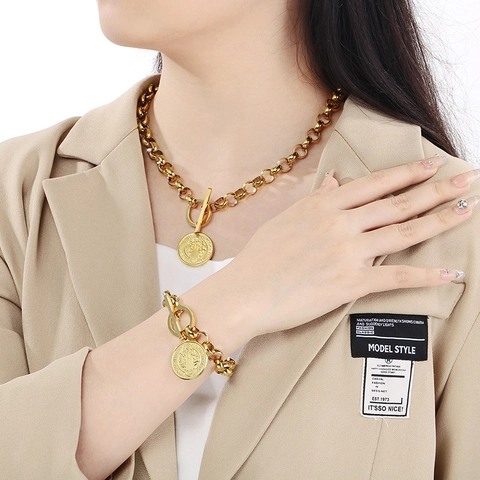 Saint Benedict Medal Necklace And Bracelet Stainless Steel Toggle Clasp Thick Rolo Chain Religious Vintage Fashion Accessory