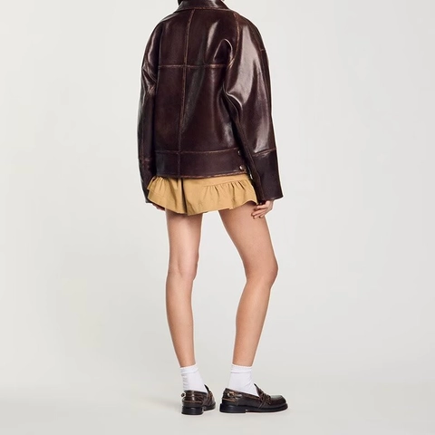 Chaqueta De Cuero Sintético PU Vintage Para Mujer Corte Holgado Solapa De Un Solo Pecho Ropa De Abrigo Informal Café