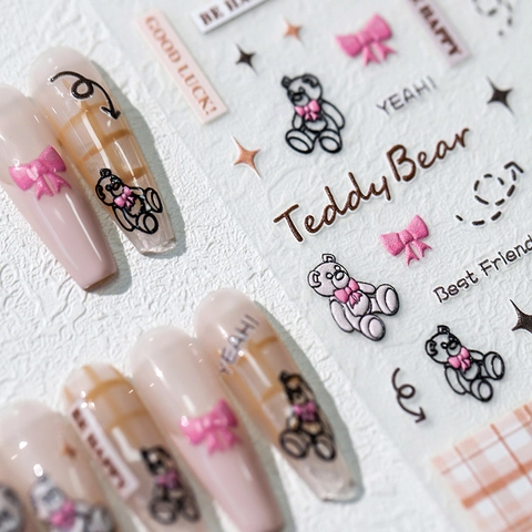 5D Embossed Teddy Bear Nail Stickers Kawaii Bear Bow Heart Self Adhesive Nail Art Decals Japanese Style Accessories