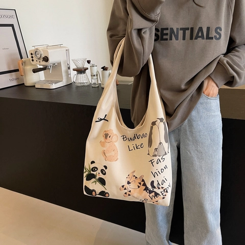 Bolso De Lona De Gran Capacidad Con Lindo Estampado De Animales De Dibujos Animados Bolso De Hombro Casual De Estilo Literario