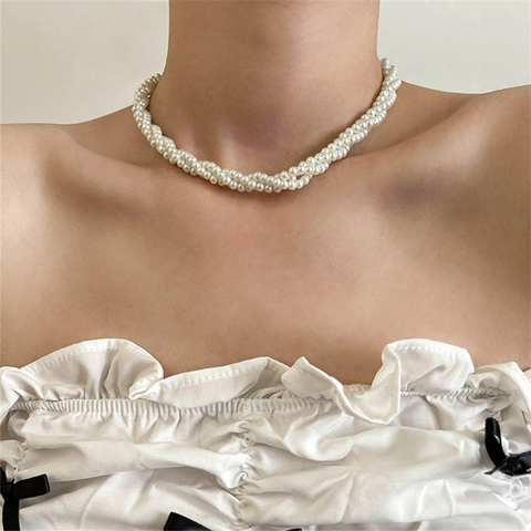 Collar De Perlas Artificiales De Imitación Trenzado De Varias Capas Aleación Gargantilla Vintage Elegante Joyería Para Mujer