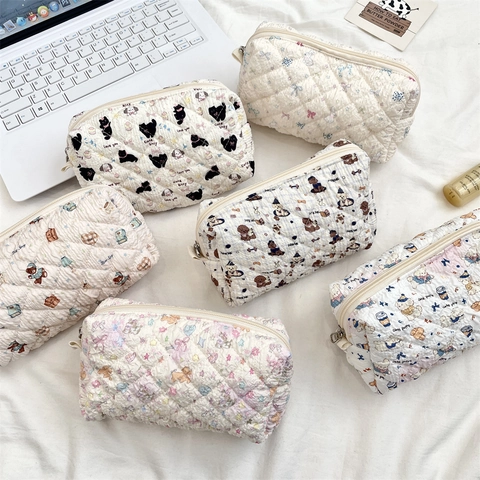 Quilted Pencil Case Soft Cotton Makeup Bag Large Capacity Stationery Storage Pouch For Students Cute Cartoon Animal Print