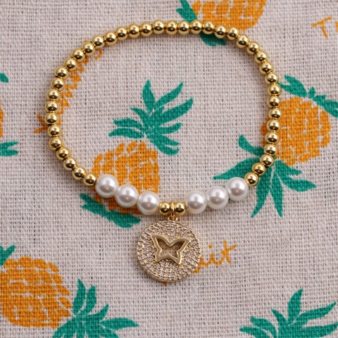 Fashion Copper Bead Artificial Pearl Bracelet With Zircon Butterfly Pendant For Women Elastic Jewelry Hollow Design