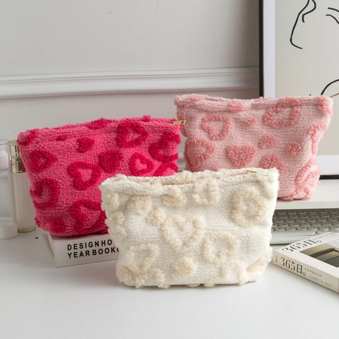Plush Sherpa Heart Pattern Cosmetic Bag Portable Toiletry Storage Pouch Zipper Closure Makeup Organizer Handbag For Women