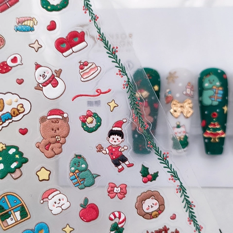 Christmas Relief Nail Stickers Embossed Santa Snowman Gingerbread Man DIY Manicure Decals Adhesive Festive For Women