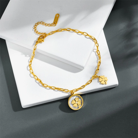 Pulsera De Acero Inoxidable Con Trébol De Cuatro Hojas Corazón Amuleto Madreperla Incrustada Cadena Clip Chapada En Oro Joyas