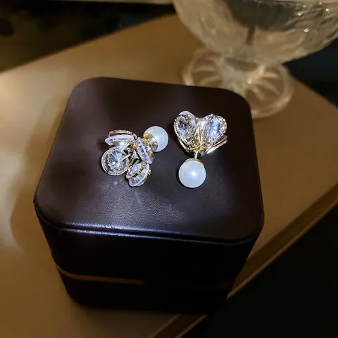 Orecchini A Lobo Cuore Fiore Zircone Con Perno In Argento Sterling 925 E Retro In Perla Artificial Gioielli Placcati Oro