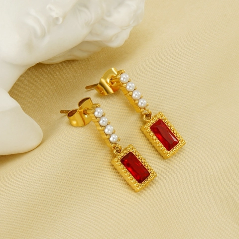 Orecchini Pendenti Vintage Acciaio Inossidabile Placcato Oro 18K Zircone Rettangolare Perla Artificial Geometrica Donna