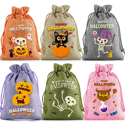 Halloween Burlap Drawstring Bags Linen Candy Sacks Cartoon Pumpkin Skull Print Holiday Party Favor Gift Packaging