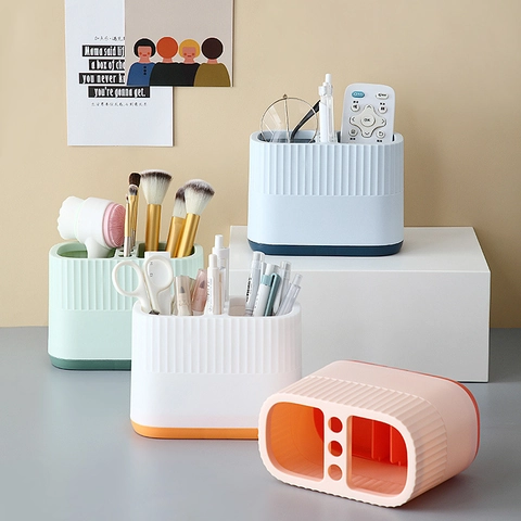 Multifunctional Desktop Pen Holder Office Stationery Organizer Plastic Divided Storage Box Vertical Stripe Textured