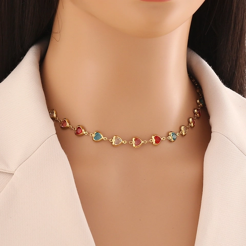 Fashion Heart Necklace Stainless Steel With Colorful Glass Stones Gold Plated Clavicle Chain For Women