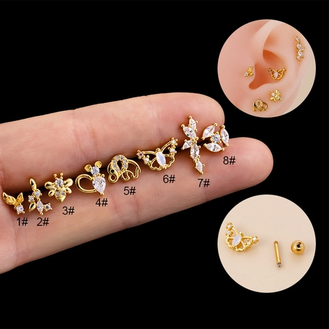 Cartilage Stud Earring Stainless Steel Copper Inlaid Zircon Animal Butterfly Bee Shape Threaded Screw Ball Back Punk Women