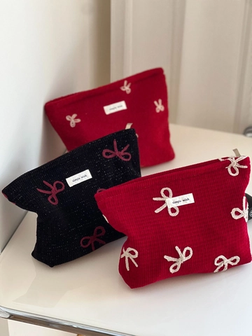Damen Clutch Mit Schleifenstickerei Wollstoff Make-Up Organizer Tragbare Reisehandtasche Eleganter Süßer Stil